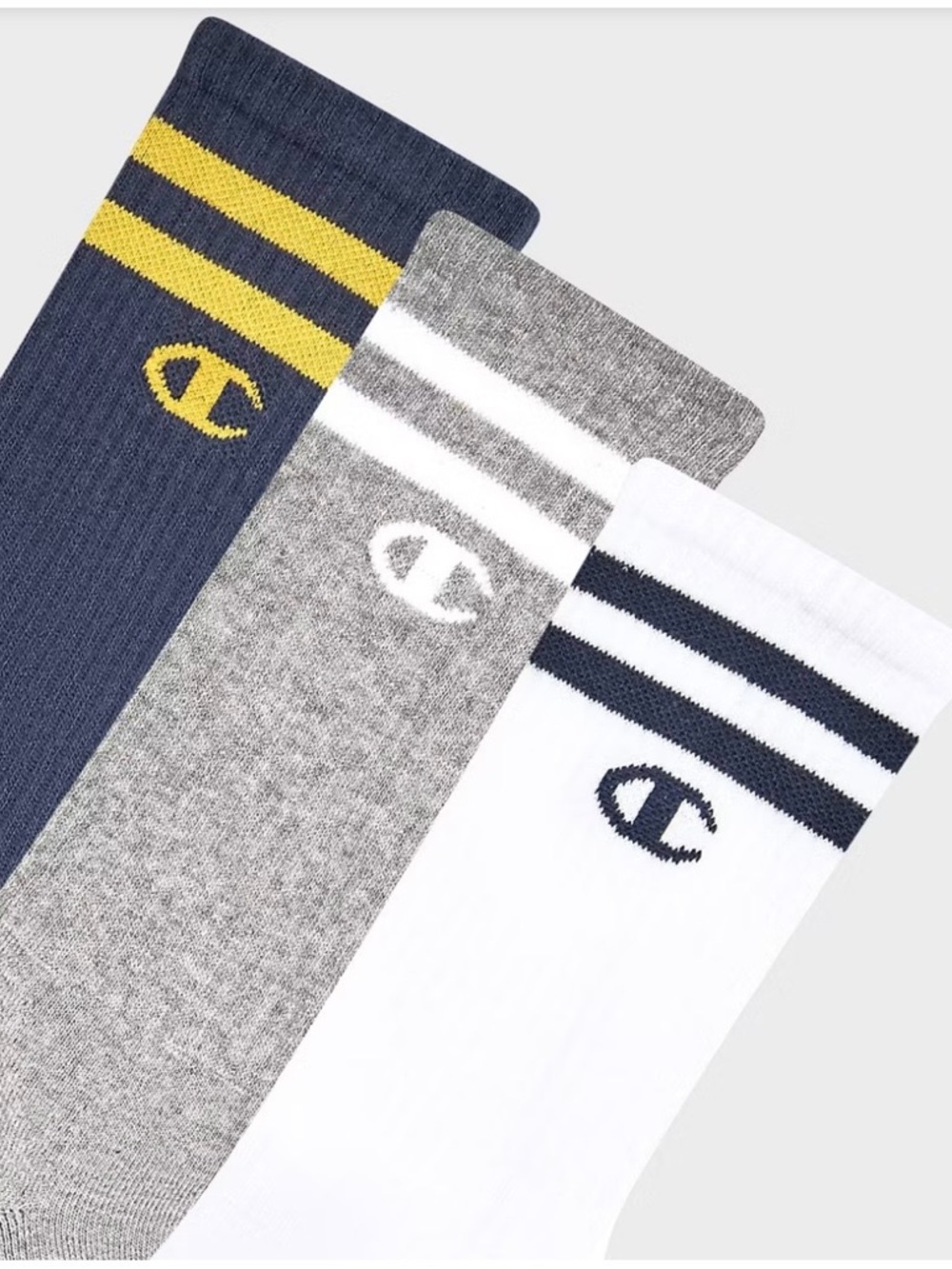 Champion Men's Crew Socks in navy, gray and white.  Size 6-12.5